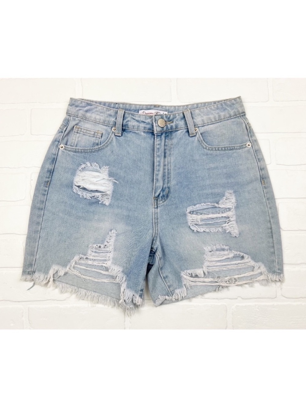 Denim Blvd High Rise Ripped Distressed Light Wash Denim Jean Shorts Size Small